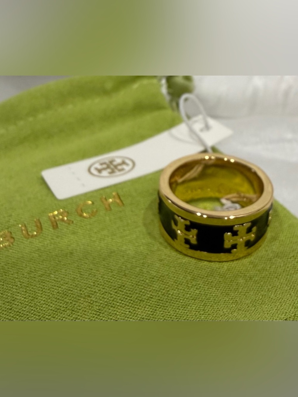 Tory Burch Gold Tone Ring with Black Enamel Logo Inlay New size 6